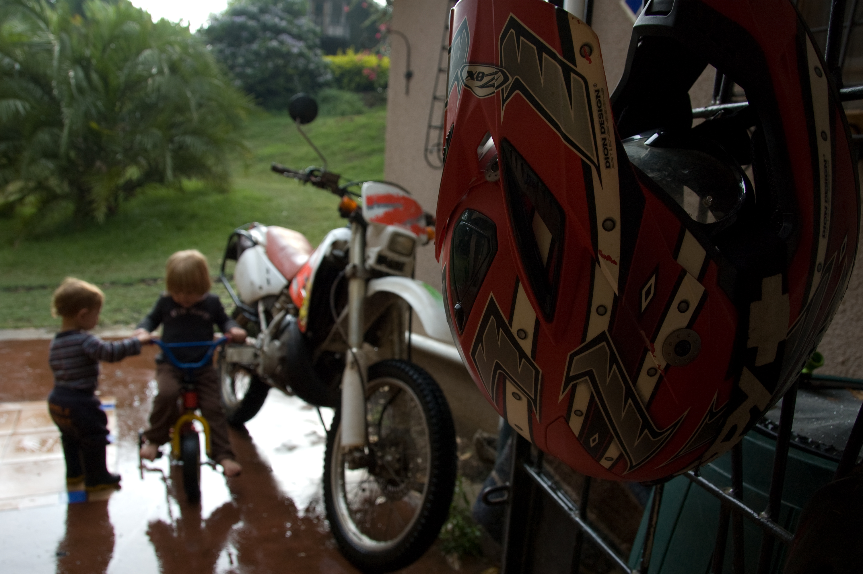 bike helmet and kids in the rain